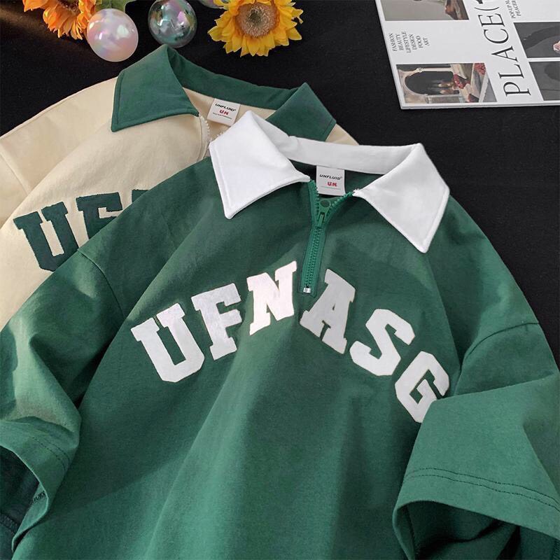 Áo thun polo nam nữ Áo thun cổ bẻ kéo khoá form rộng unisex in chữ UFNASG Overszied
