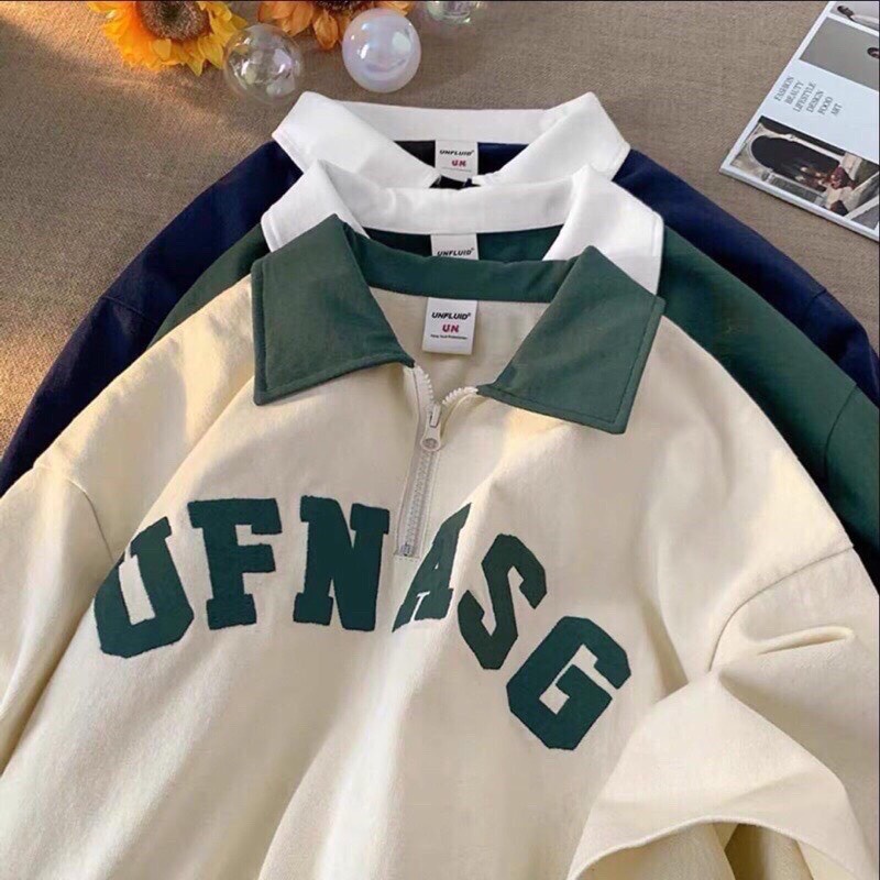 Áo thun polo nam nữ Áo thun cổ bẻ kéo khoá form rộng unisex in chữ UFNASG Overszied