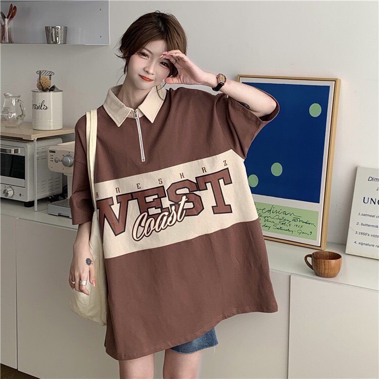 Áo thun polo nam nữ Áo thun cổ bẻ kéo khoá form rộng unisex in chữ UFNASG Overszied