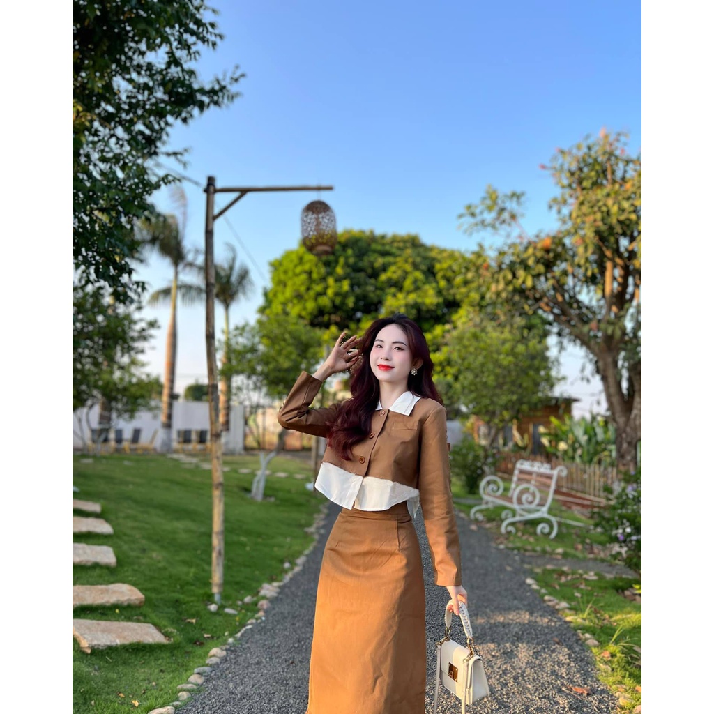 Đồ bộ nữ sang chảnh local brand Maize set áo sơ mi croptop tiểu thư mix chân váy suông chữ A dáng dài chất kaki mềm mịn