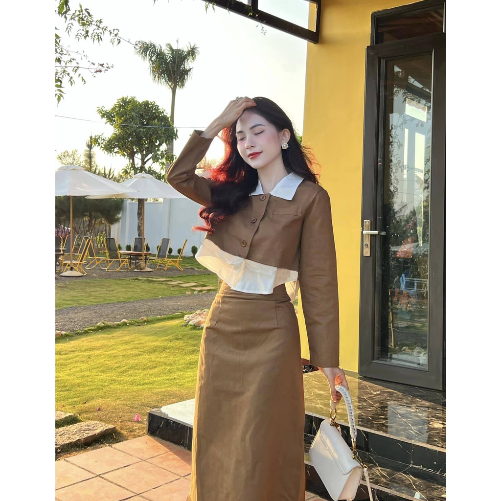 Đồ bộ nữ sang chảnh local brand Maize set áo sơ mi croptop tiểu thư mix chân váy suông chữ A dáng dài chất kaki mềm mịn