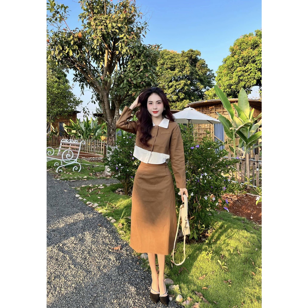 Đồ bộ nữ sang chảnh local brand Maize set áo sơ mi croptop tiểu thư mix chân váy suông chữ A dáng dài chất kaki mềm mịn