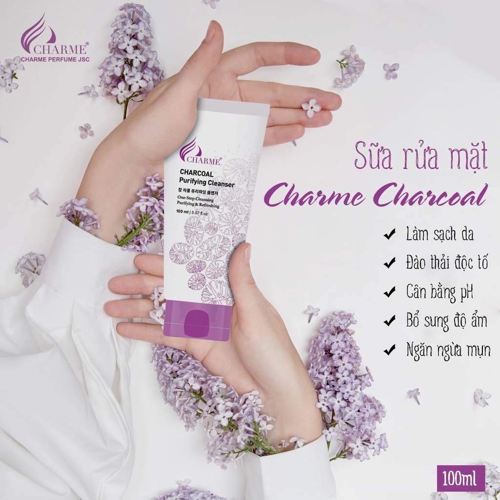 Sữa rửa mặt than hoạt tính Charme Charcoal Purifying Cleanser sạch sâu ngừa mụn cân bằng pH bổ sung ẩm 100ml