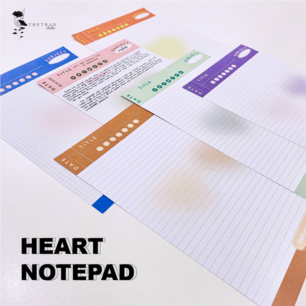 Bộ 10 tờ giấy ghi chép kẻ caro, kẻ ngang - A4, B5, A5 trái tim / love notepad / thetranstudio