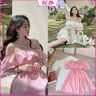 Đầm trễ vai - Váy công chúa 2 lớp, Chất đũi lụa mềm mát 2 màu hồng trắng siêu xinh NEM Store102