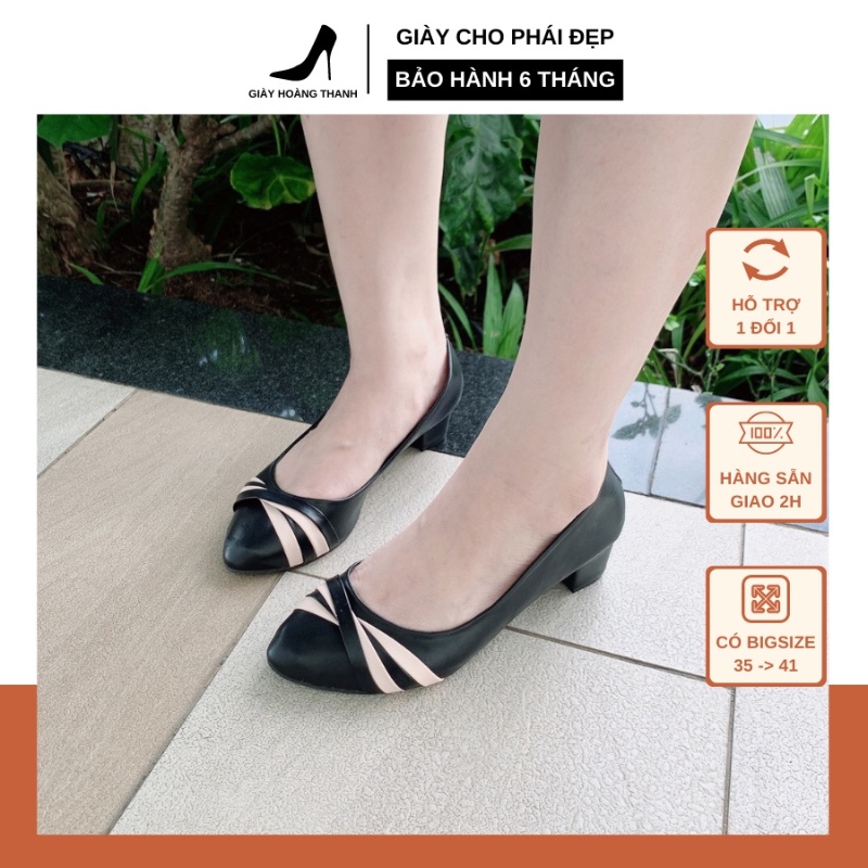 Giày Búp Bê Nữ Bít Mũi Gót Vuông 3 Phân Giày Cao Gót Phối Nơ Sang Trọng Hoàng Thanh Tổng Hợp