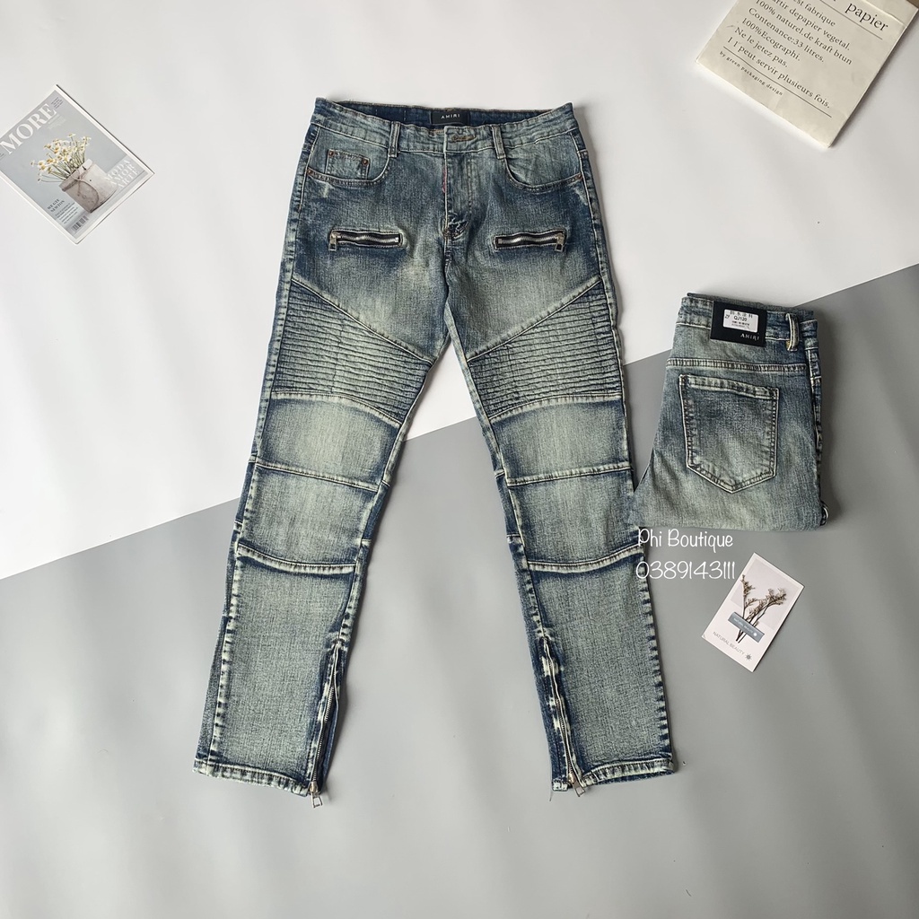 Quần Jean Xanh Nam Phối Đùi Vải Nhăn Khoá Zip