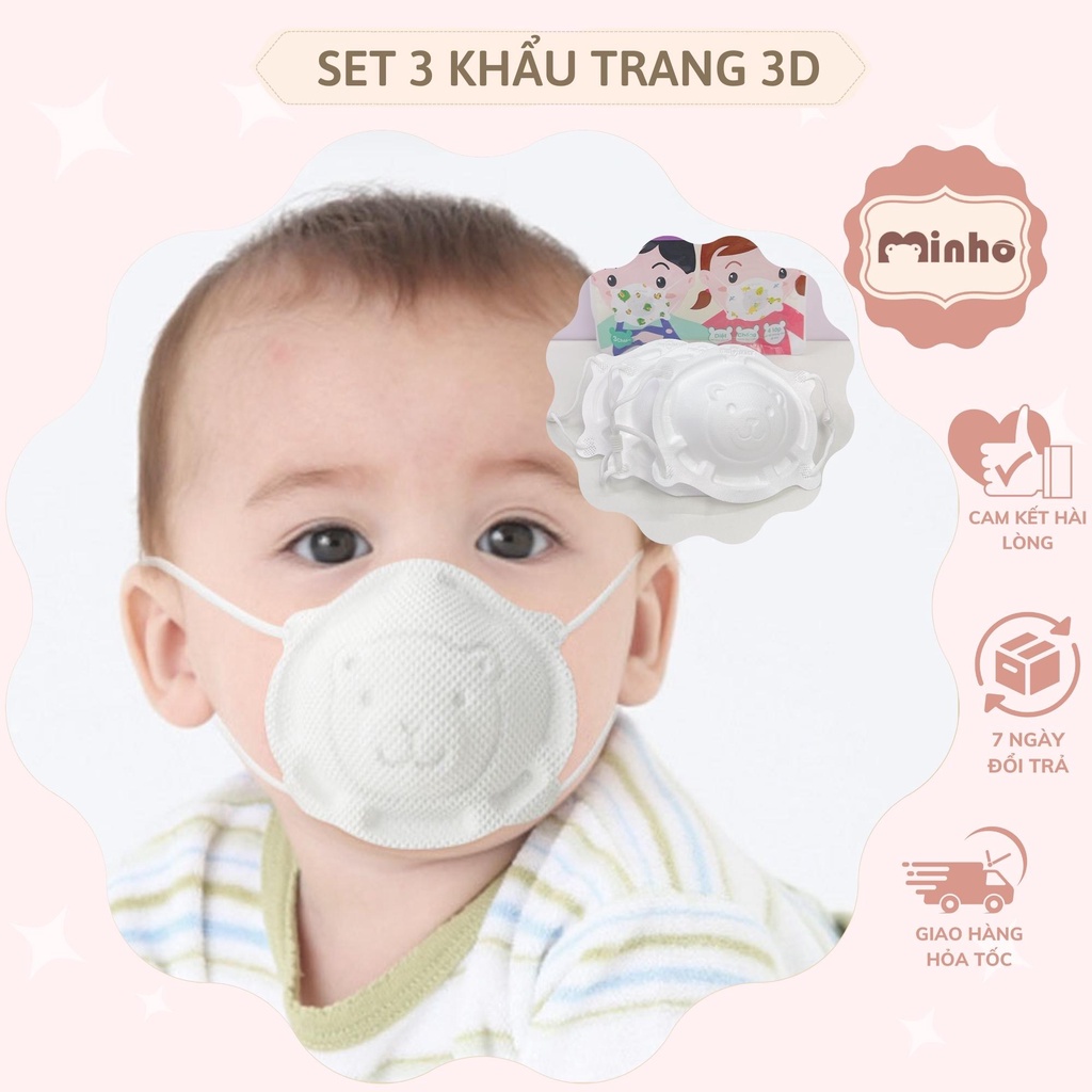 Set 3 khẩu trang trẻ em hình Gấu 3D Uni Mask, Khẩu trang kháng khuẩn cho bé, chống bụi mịn