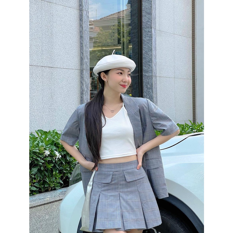 Áo blazer tay ngắn 2 túi đắp form oversize thời trang GAGO màu xám GA4301