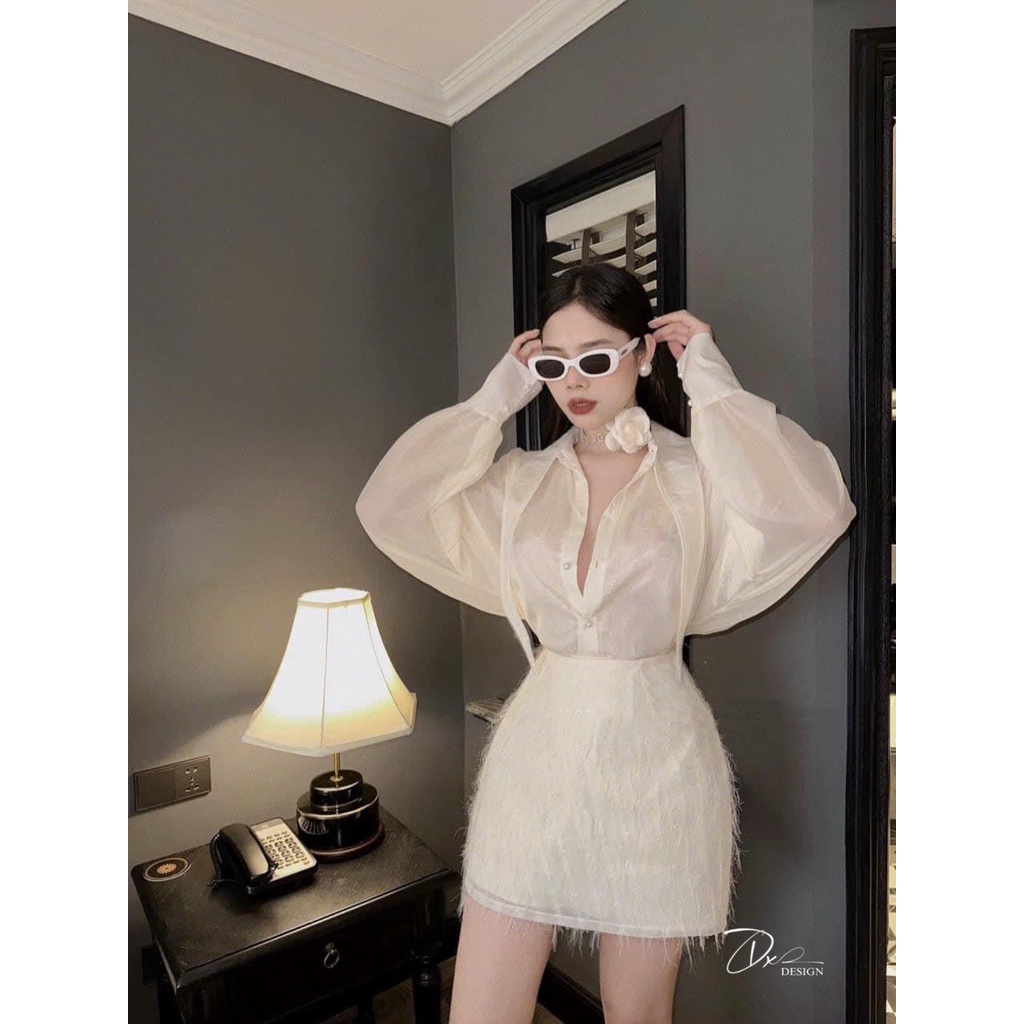Set chân váy dáng A lông mix áo sơ mi dài tay cổ nhọn thời trang thiết kế đi dự tiệc cưới sự kiện dạ hội sang chảnh LEVA