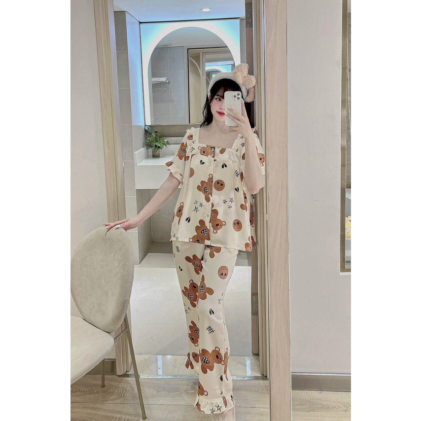 Set đồ nữ, đồ ngủ nữ tay ngắn cổ vuông lụa ngọc trai, đồ mặc nhà nữ lụa tay dài siêu mềm mịn, pijama lụa dài tiểu thư