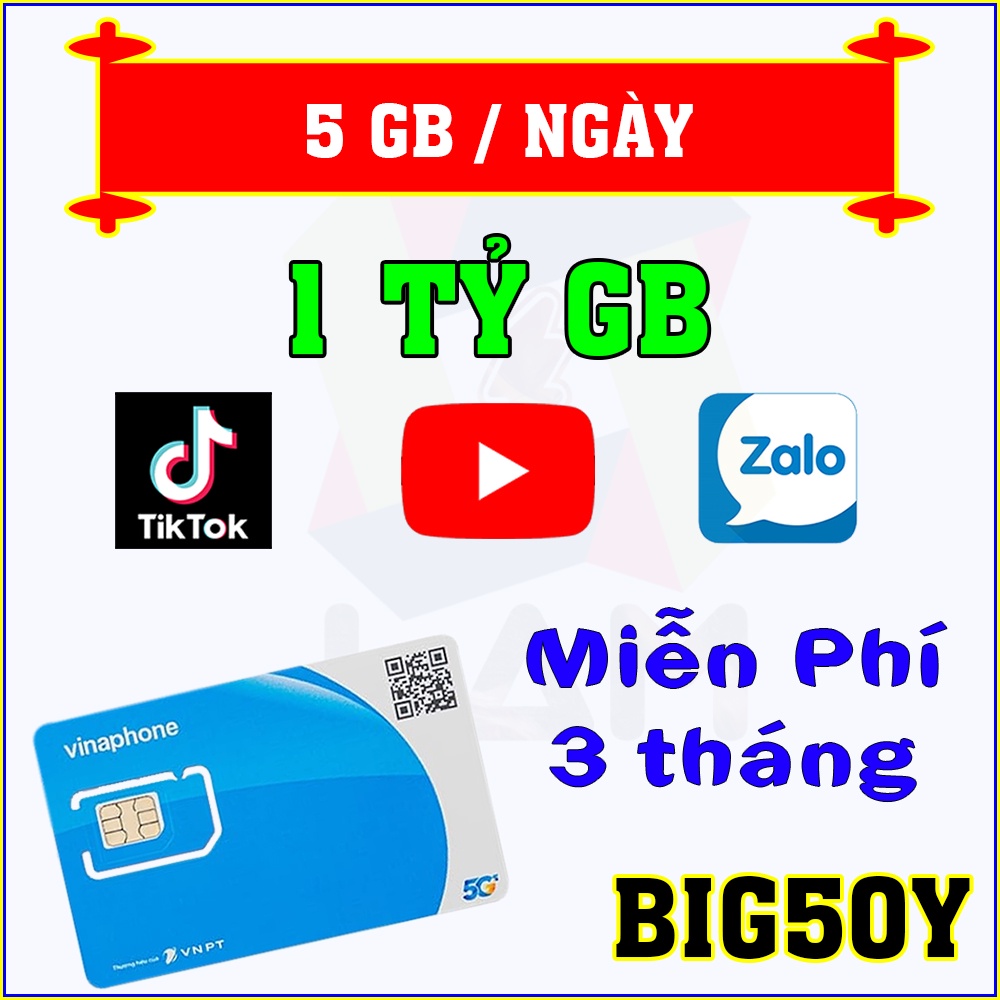(Có eSIM) Sim 4G Vinaphone 5GB/Ngày - Tỷ GB Xem Youtube Tik Tok Zalo - Miễn Phí 3 Tháng (BIG 50Y/BIG5G/BIG4G/BIG50Y)