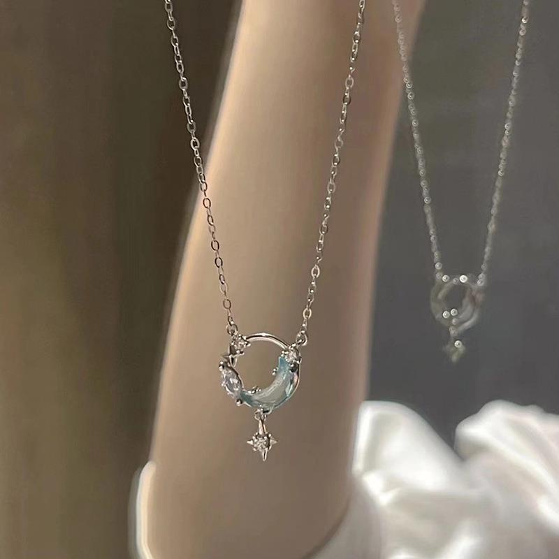 Dây chuyền nữ vòng cổ nữ bạc s925 mặt Blue Moon sao đính đá tua rua phong cách Hàn Quốc Cá jewelry DC201