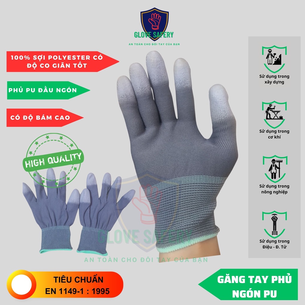 Găng tay bảo hộ lao động phủ PU đầu ngón màu xám