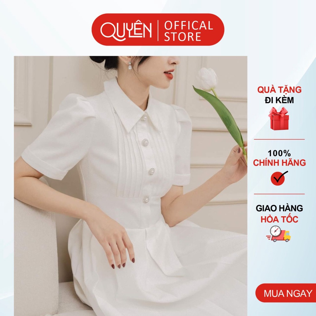 Đầm xòe công sở màu trắng cổ đức tay phồng QUYÊN FASHION DT007 kiểu hàn quốc trẻ trung