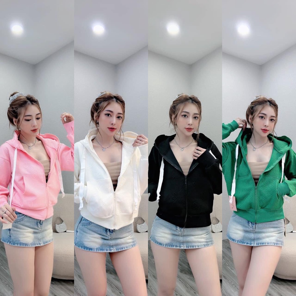 Áo khoác lửng cánh dơi trơn nữ kiểu crotop dập nổi nón rộng dây nón y hình 777Dcroptop398