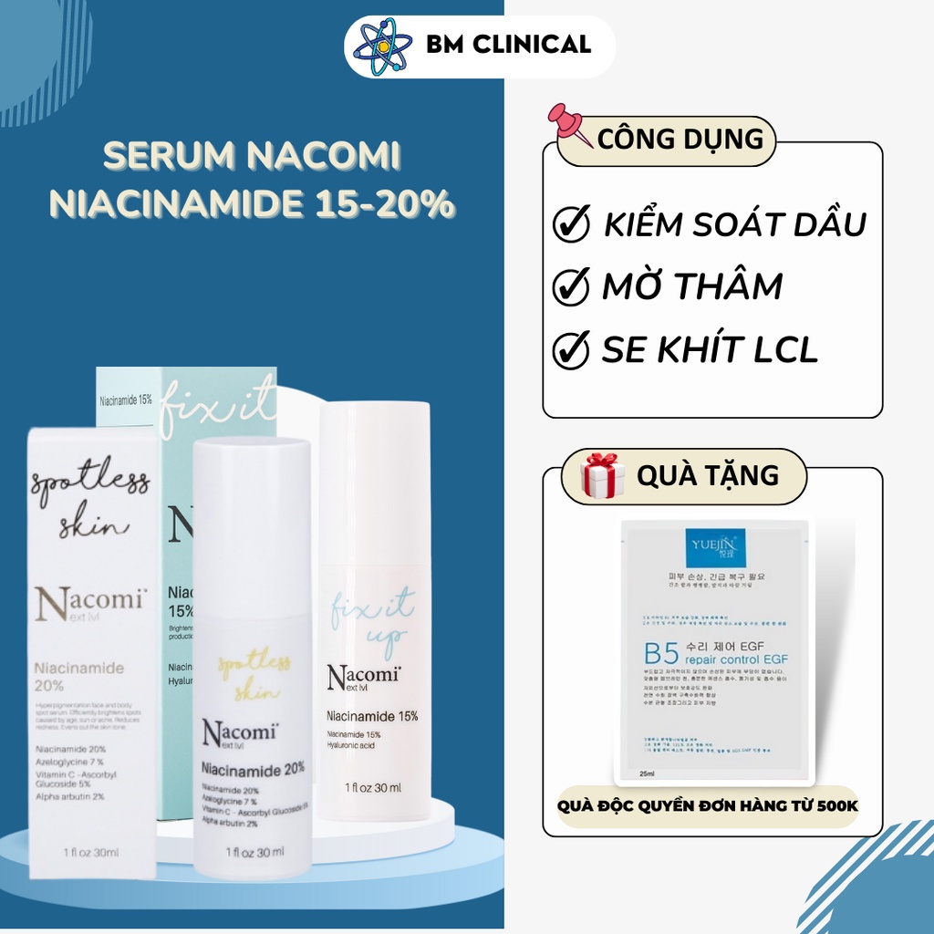 Serum Dưỡng Sáng Ngừa Thâm Mụn Nacomi - Niacinamide 15% 20% Ba Lan 30ml