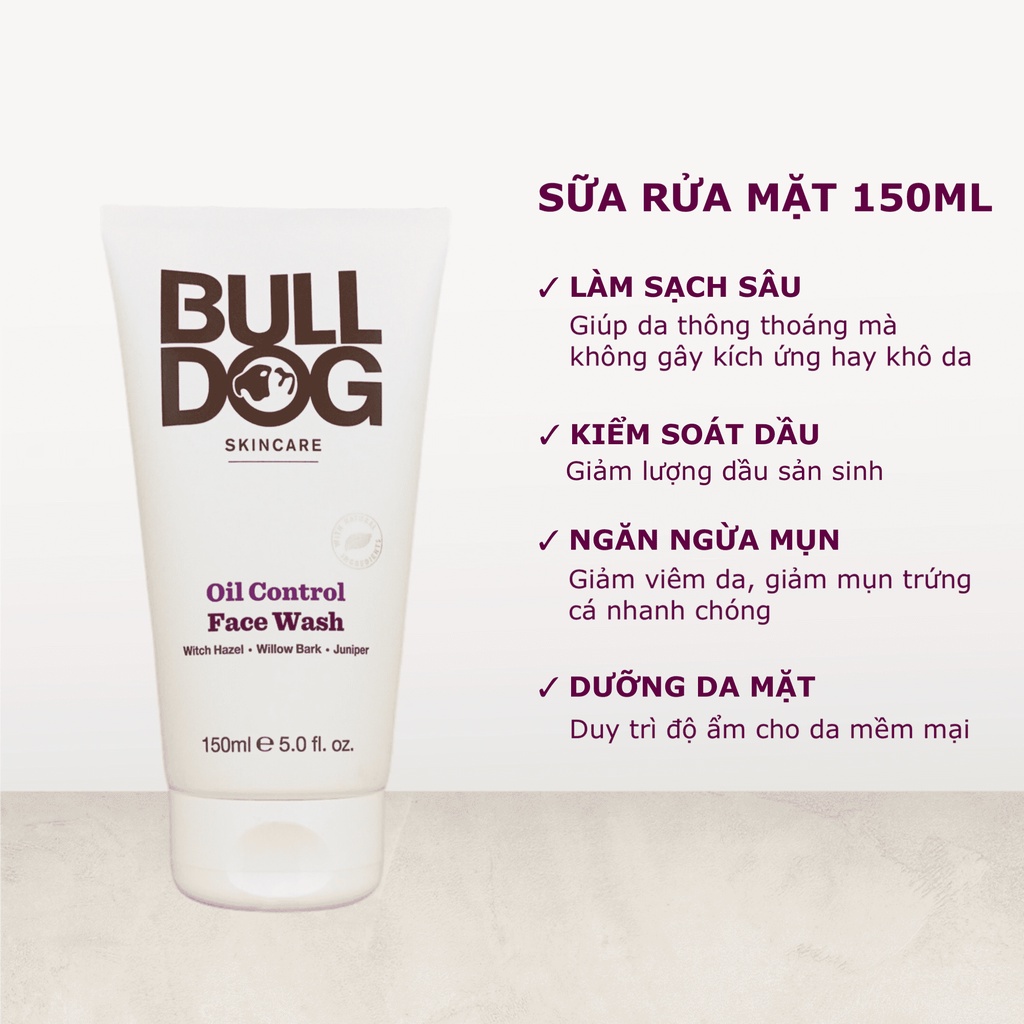 Combo sữa rửa mặt, tẩy tế bào chết và kem dưỡng ẩm cho da dầu mụn nam Bulldog Skincare Oil Control Full Face Kit