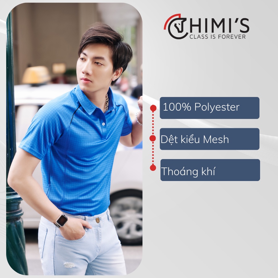 Áo Polo Nam Áo Thun Cổ bẻ CHIMI Polo kiểu dáng thể thao Cộc tay Màu blue caro chìm Vải Polyester siêu thẹ và thoáng