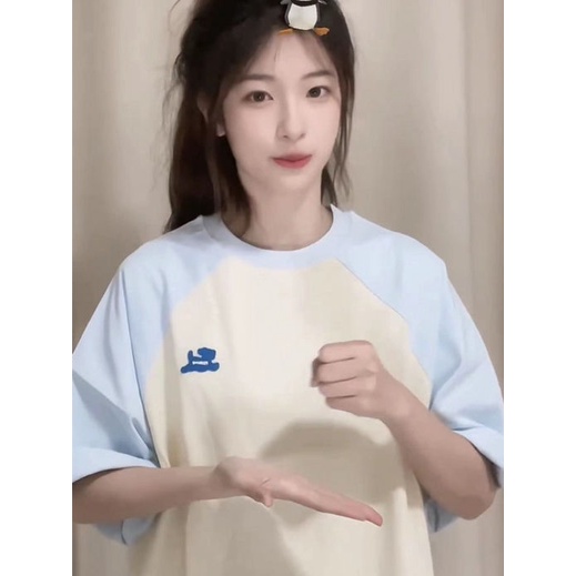 Áo thun tay lỡ Raglan phối màu tay áo xanh baby chất liệu 100% cotton 2 chiều áo form rộng Hot hè 2023