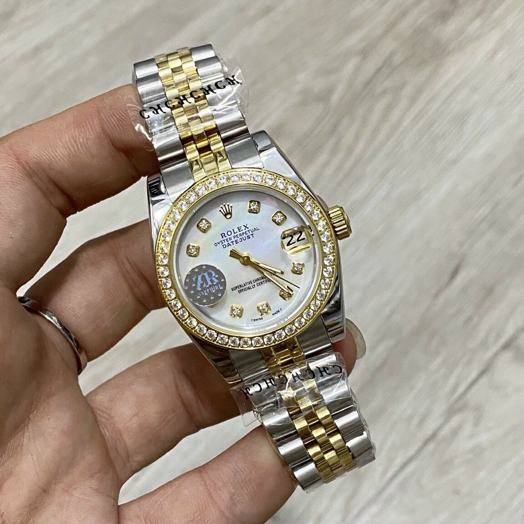 Đồng hồ Nữ Rolex vành đá mặt khảm trai máy nhật đờ mi trắng vàng gold dòng cơ Automatic mặt size 28mm- 31mm