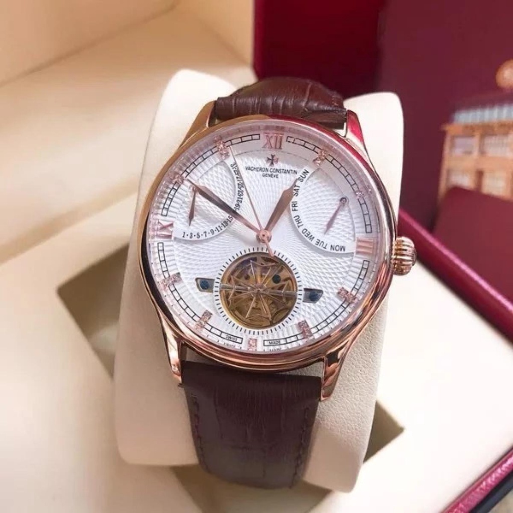 Đồng hồ Nam Vacheron 6kim size 40mm chạy cơ automatic máy nhật vàng dây da kim vàng vành tóc chạy