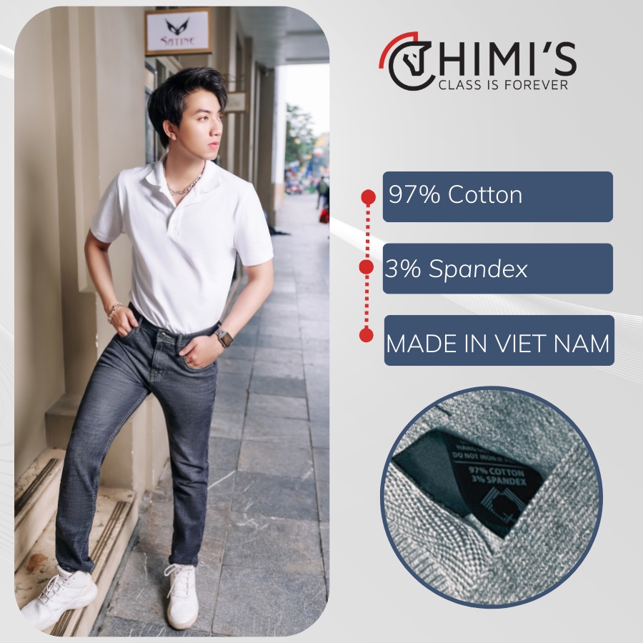 Quần jean nam ống đứng CHIMI quần bò nam dáng Slim Fit màu ghi xám vải Cotton co giãn chuẩn form thoáng mát dễ vận động