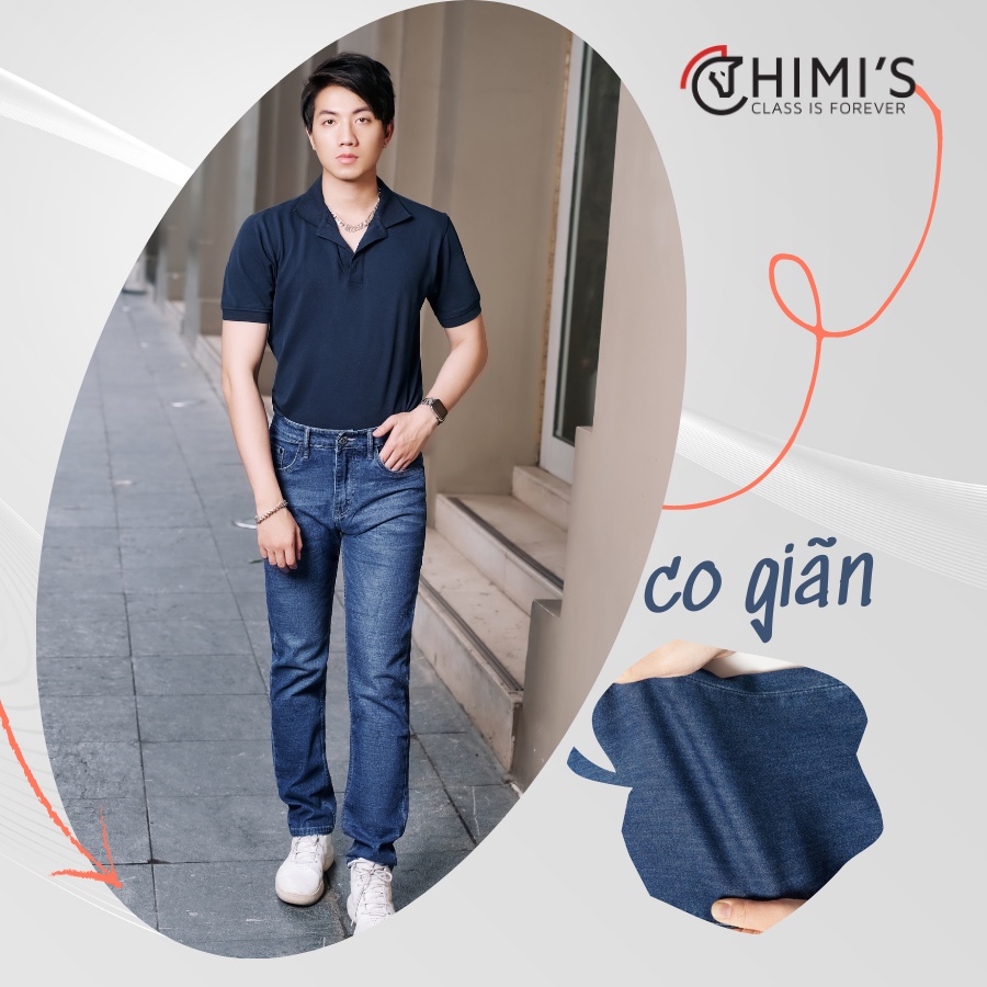 Quần jean nam ống đứng CHIMI quần bò nam dáng Slim Fit màu Xanh trung vải Cotton co giãn chuẩn form thoáng mát dễ vận độ