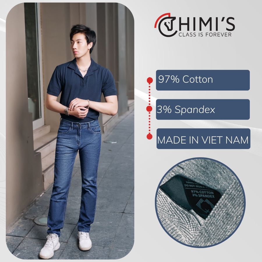 Quần jean nam ống đứng CHIMI quần bò nam dáng Slim Fit màu Xanh trung vải Cotton co giãn chuẩn form thoáng mát dễ vận độ