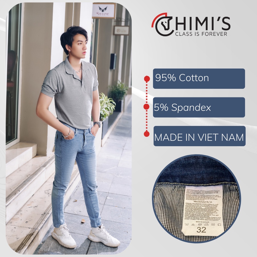 Quần jean nam rách gối sước ống CHIMI M18 quần bò dáng Slim Fit màu Xanh bạc vải Cotton co giãn thoáng mát dễ vận động