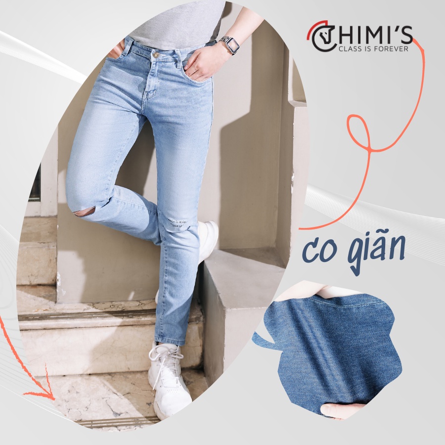 Quần jean nam rách gối sước ống CHIMI M18 quần bò dáng Slim Fit màu Xanh bạc vải Cotton co giãn thoáng mát dễ vận động