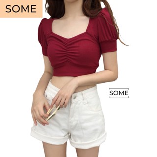 Áo Croptop Tay Phồng Nữ Kiểu Nhún Thun Giữa Cổ Vuông