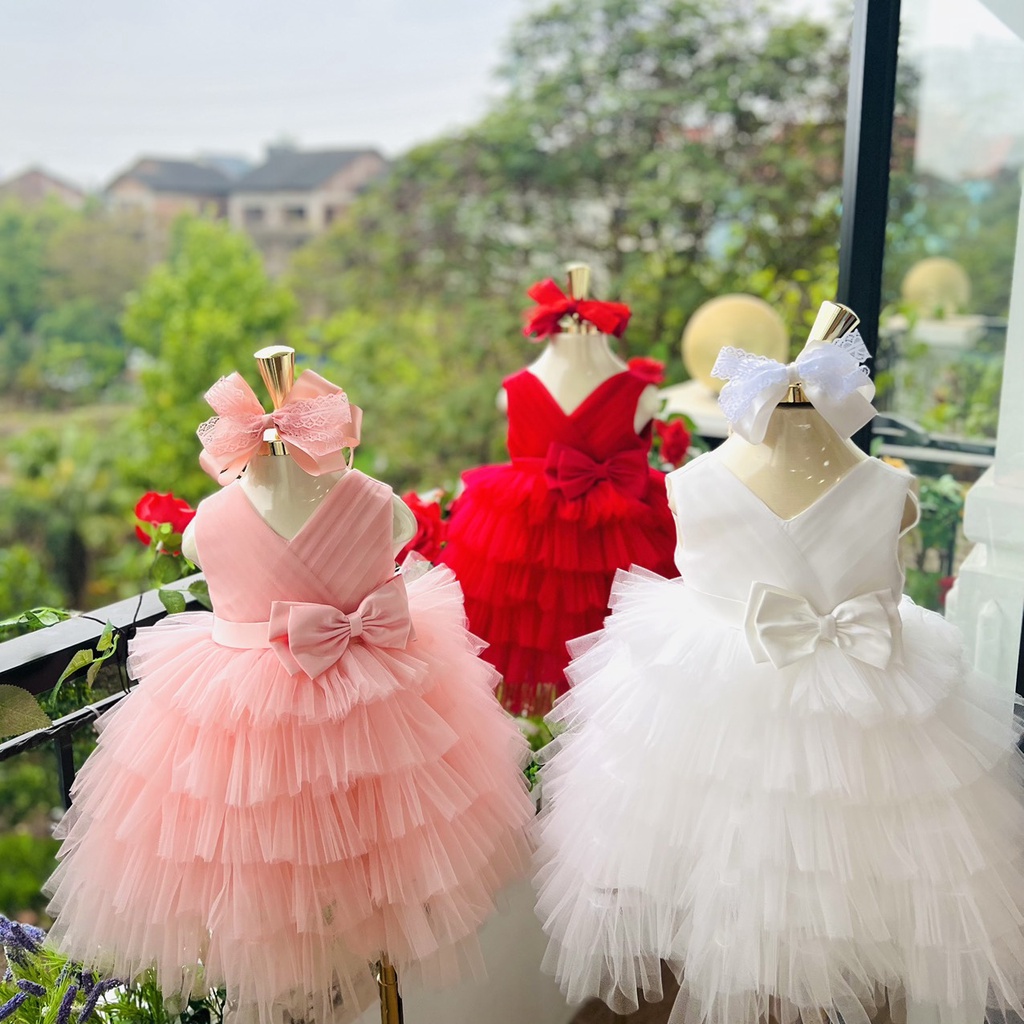 VÁY CÔNG CHÚA ĐẦM CÔNG CHÚA THIẾT KẾ XẾP TẦNG MÀU TRẮNG, MÀU HỒNG, MÀU ĐỎ CHO BÉ GÁI