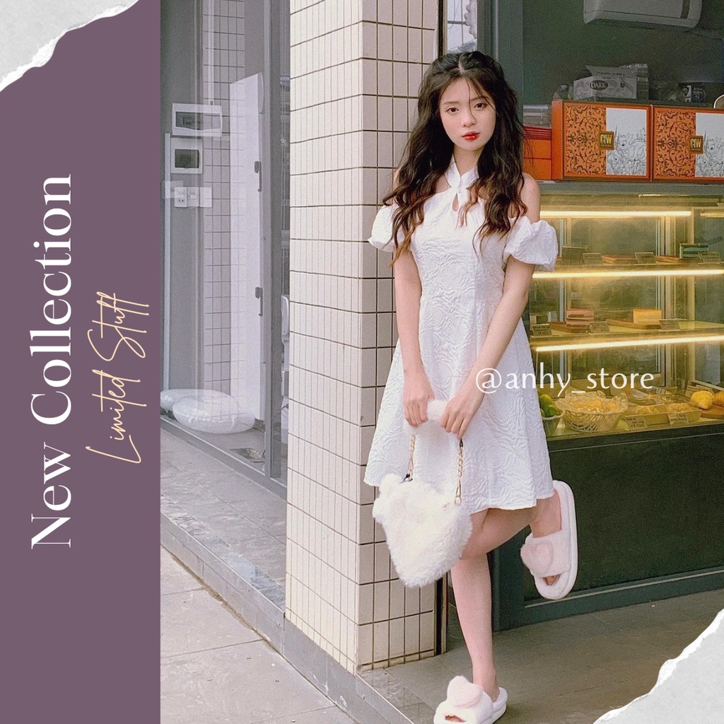 Váy trắng chụp kỉ yếu xòe bồng đẹp, đầm dự tiệc đính nơ sang trọng thanh lịch