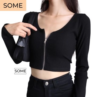 Áo croptop tay dài nữ kiểu khóa dây kéo chất thun gân dày dặn