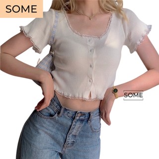 Áo croptop nữ cổ vuông phối ren cúc cài chất thun gân dày dặn