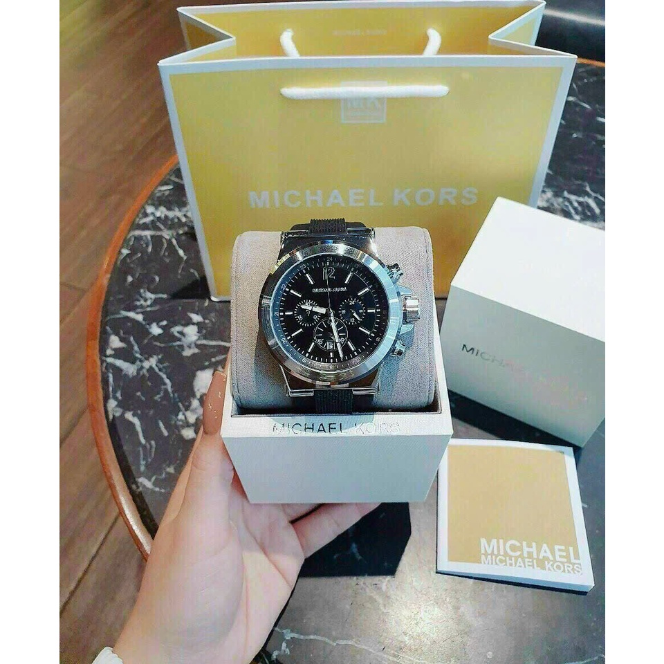 Đồng hồ nam Michael kors mk-2289 Chrongraph viền bạc, mặt đen 6 kim,lịch ngày, dây cao su đen, mặt kính size lớn 46mm