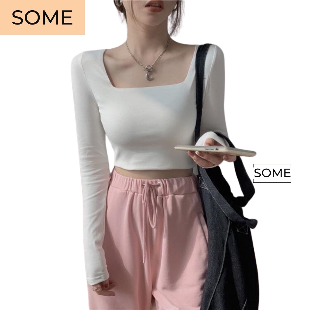 Áo Croptop Tay Dài Kiểu Nữ Cổ Vuông Chất Thun Mềm Mịn Thoáng Mát