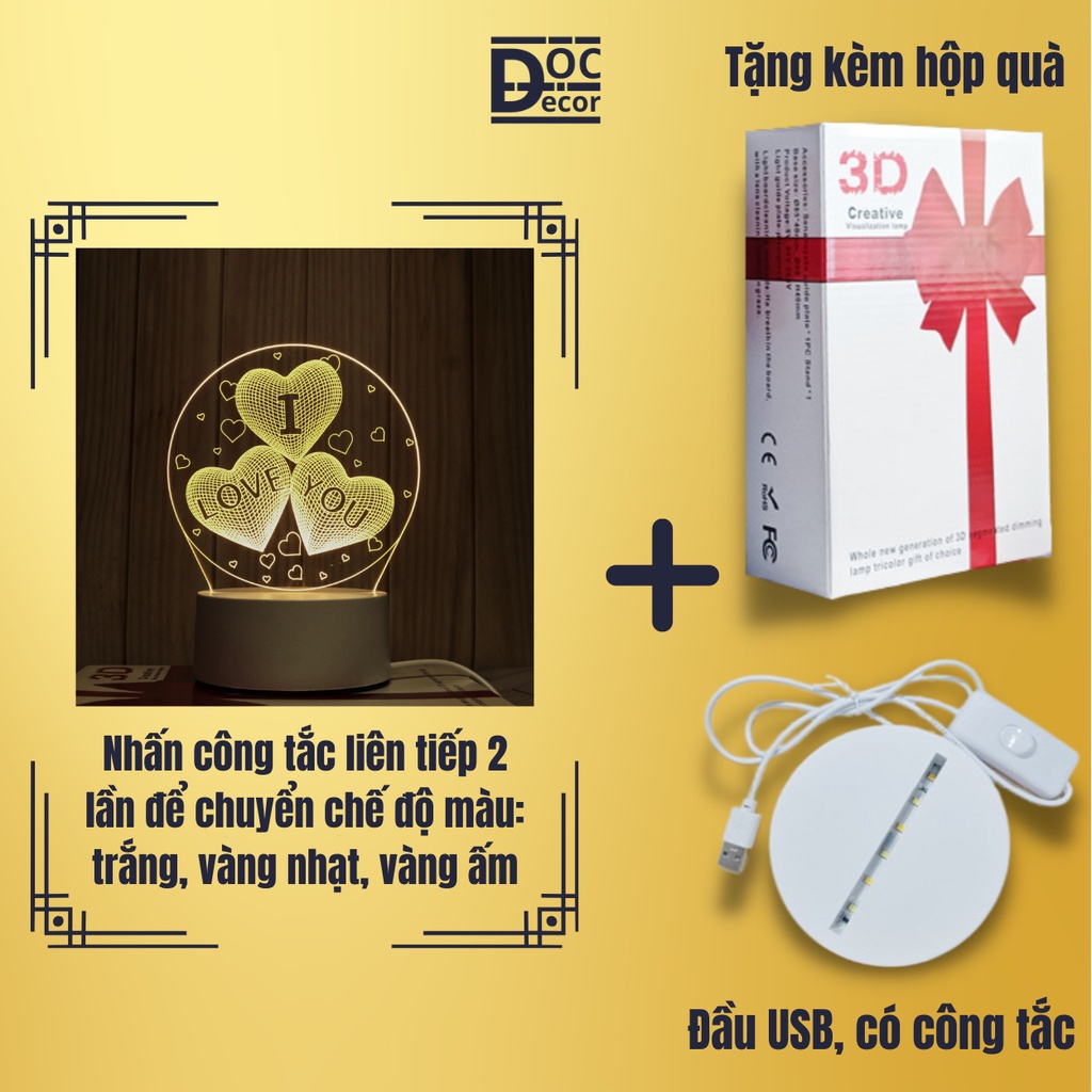 Đèn ngủ 3D dễ thương ánh sáng ấm áp, Đèn led decor, Quà tặng độc đáo