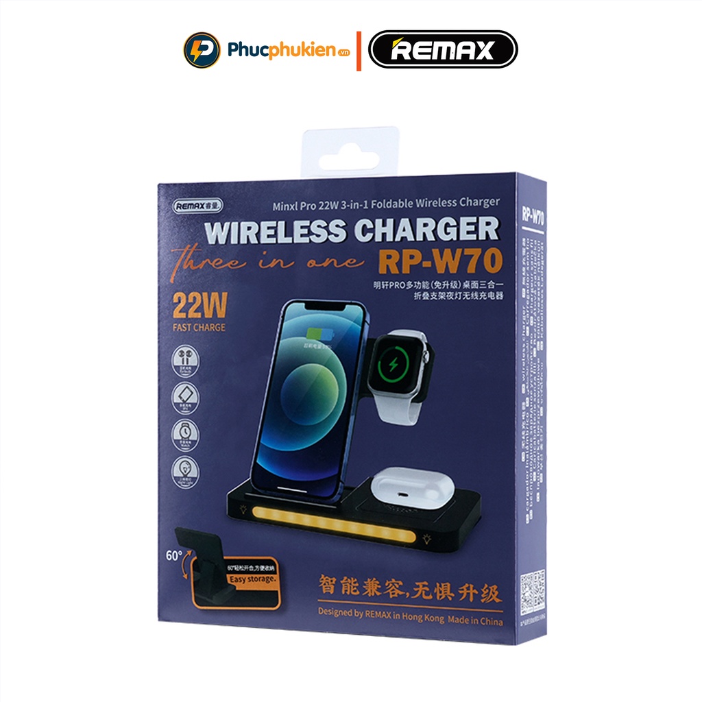 Đế sạc không dây đa năng 3in1 22w chính hãng Remax RP W70 sạc không dây 15W cho 8 Plus trở lên Phúc Phụ Kiện Remax