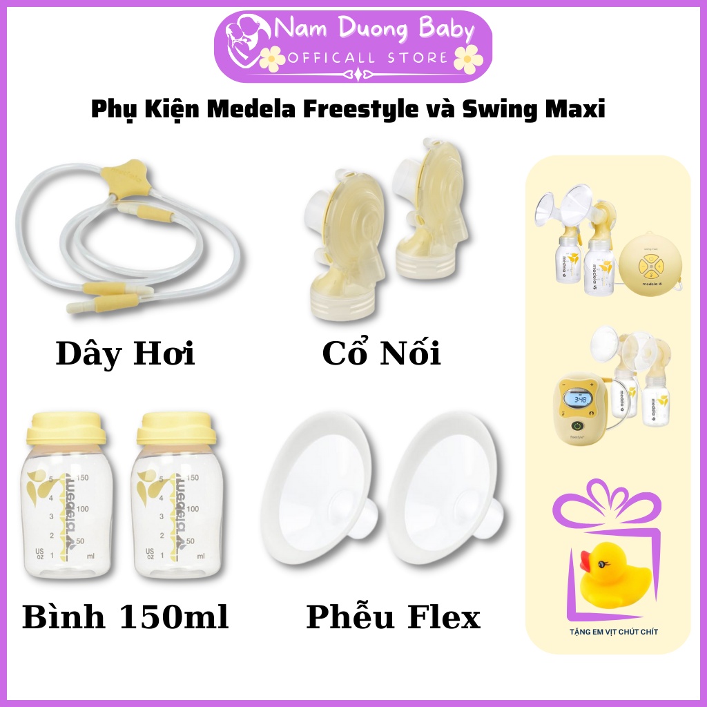 Phụ kiện máy hút sữa Medela Freestyle và Swing Maxi | Dây dân hơi, Cổ nối, Phễu hút sữa Flex, Bình trữ sữa