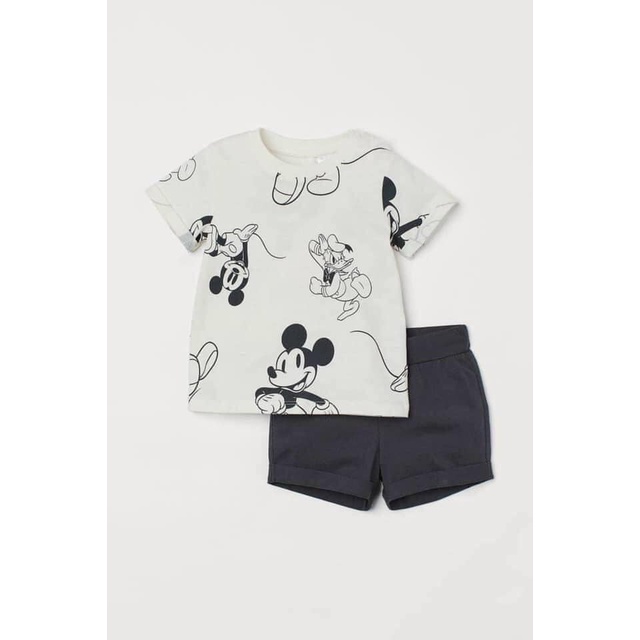 Set 2 bộ quần áo cộc tay chuột Mickey xám xanh cho bé