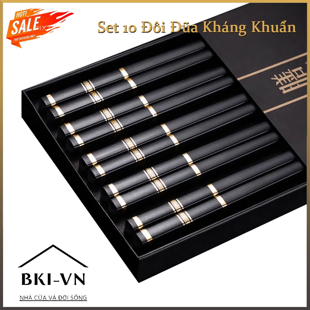 Set 10 Đôi Đũa Mạ Vàng Họa Tiết Hàn Quốc, Nhật Bản, Bộ 10 Đũa Ăn Kháng Khuẩn Cao Cấp, Đũa Mạ Vàng