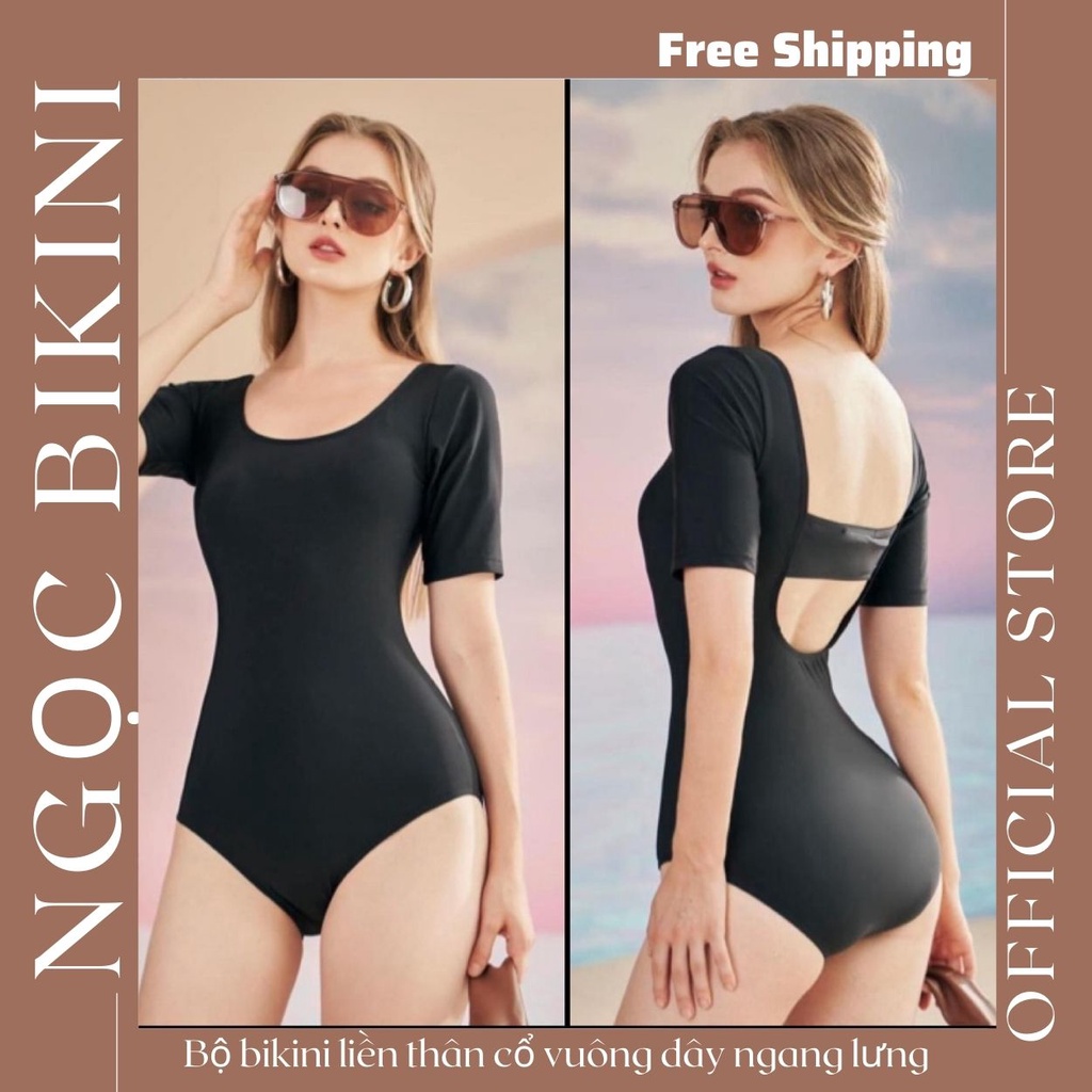 Bikini đồ bơi liền thân cổ vuông dây ngang lưng tay lỡ màu Đen siêu tôn dáng