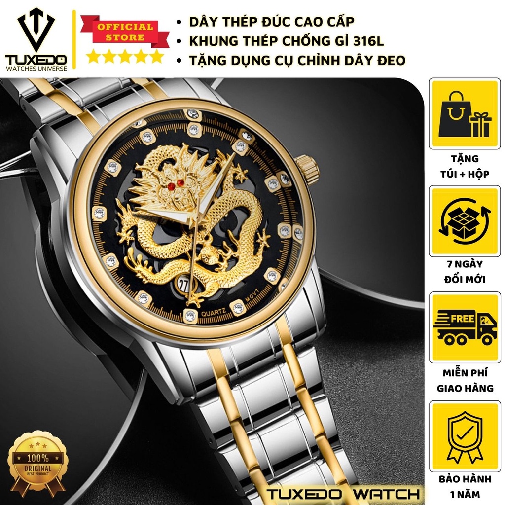 Đồng Hồ Nam Mặt Rồng Vàng TẶNG Dụng Cụ Cắt Dây và Vòng tay Tùy Hưu May Mắn Full Túi hộp - Dây Thép Đúc Cao Cấp