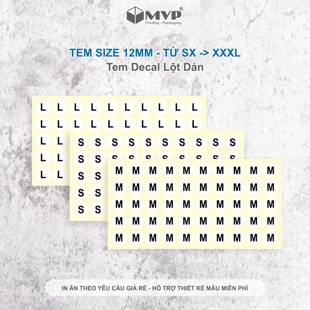 100 Tem nhãn size quần áo từ XS, S, M, L, XL, XXL, XXXL, nhãn dán decal hình tròn nhiều size