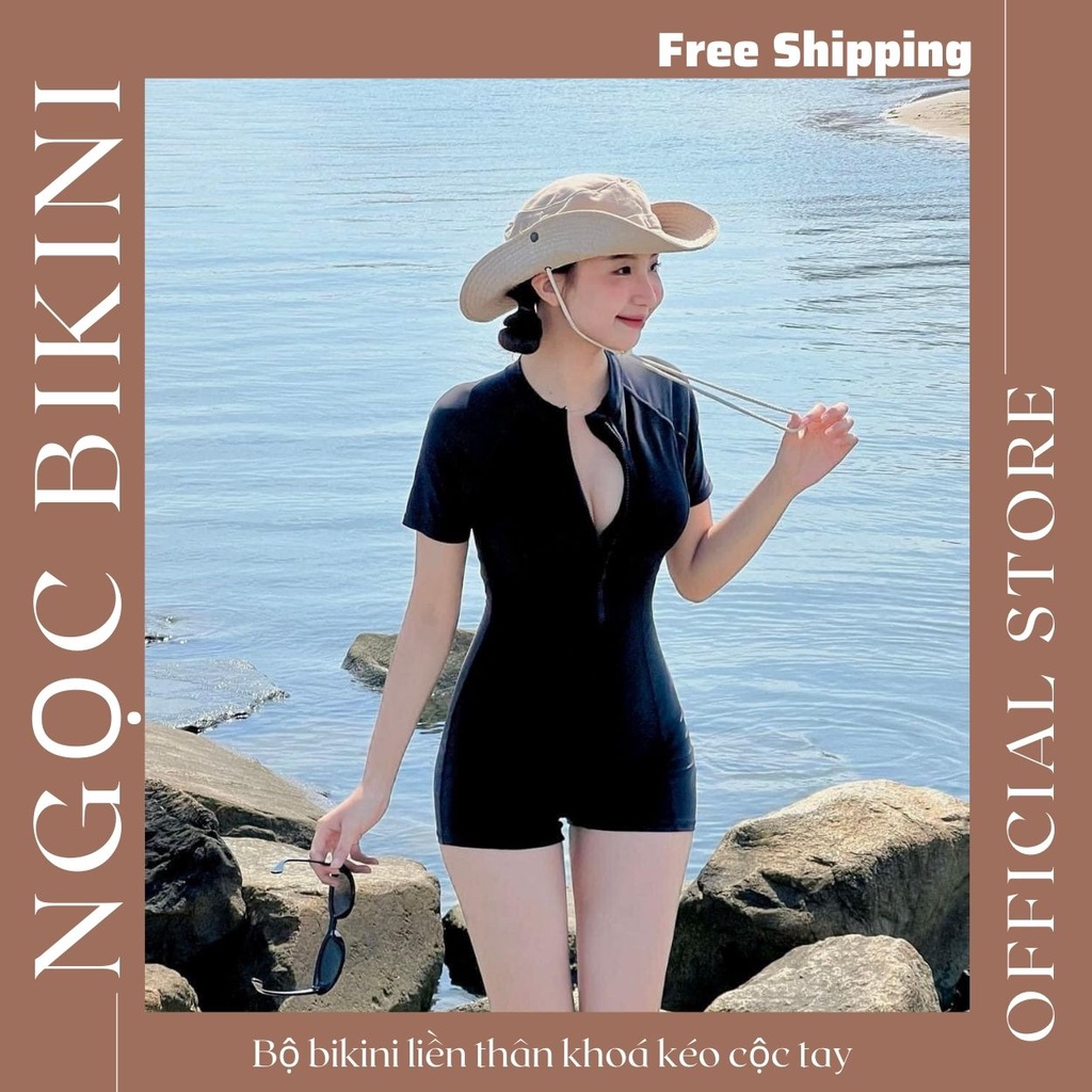 Bộ bikini đồ bơi liền thân cộc tay khoá kéo dáng quần đùi kín đáo