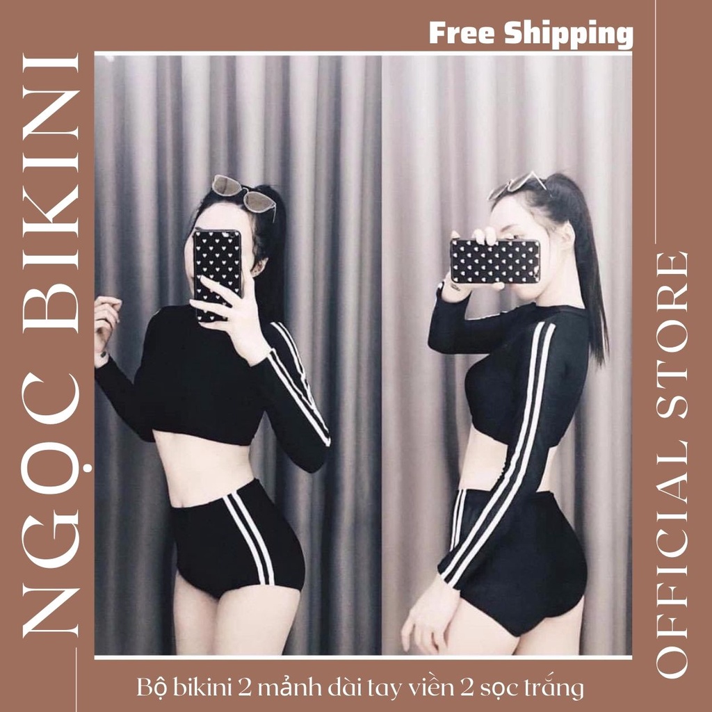 Bộ bikini 2 mảnh dài tay croptop đen 2 sọc trắng đồ bơi chống nắng kín đáo