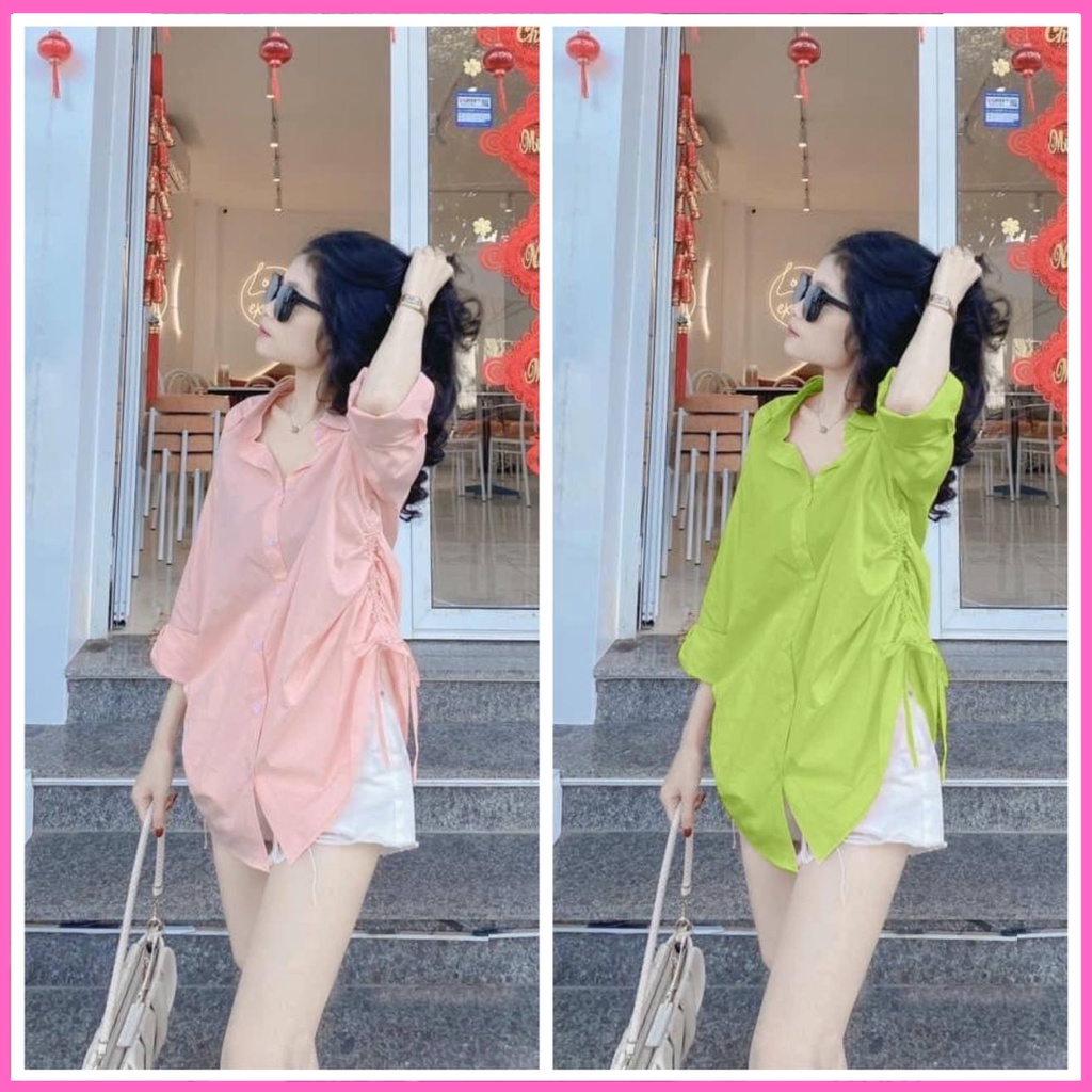 Áo sơ mi rút dây nữ chất liệu thô hàn siêu đẹp mix với quần short,quần dài,chân váy đều xinh nha - Áo sơ mi kiểu nữ