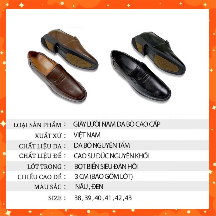 Giày Tây Nam Trung Niên Da Bò Thật Cao Cấp Mũi Tròn Tặng Bố Đế Khâu Tăng Chiều Cao
